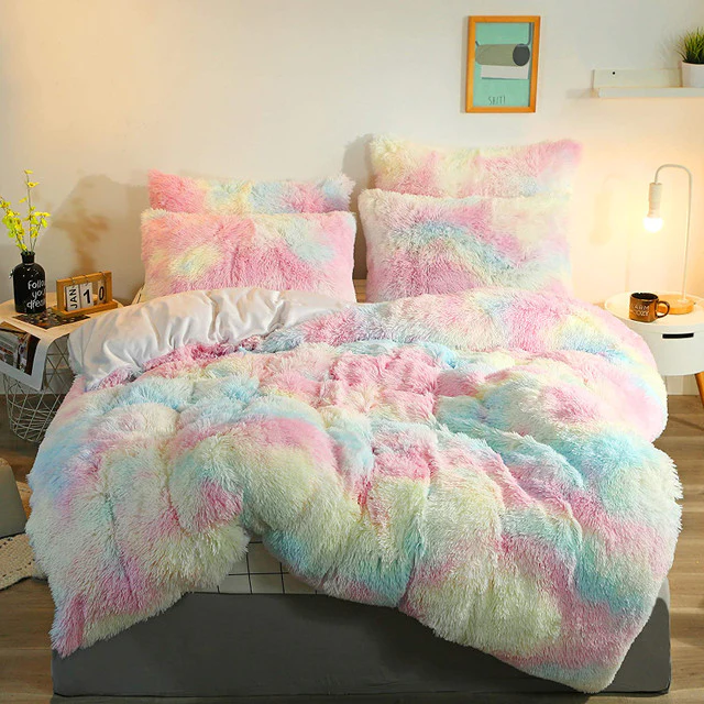5Pc Fluffy Comforter Set - Queen Size - Rainbow